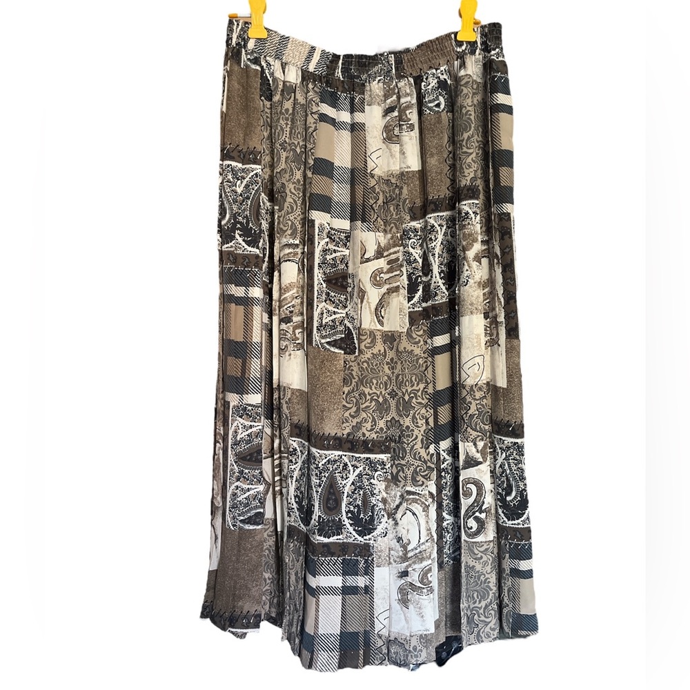 Alfred Dunner | Women's Vintage Pleated Brown Bohemian Patch Midi Skirt Size 14